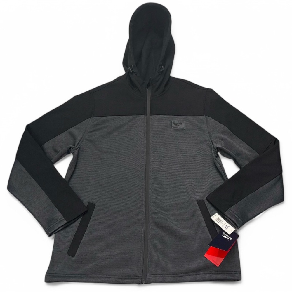 Reebok Outerwear Men’s black gray full zip hooded Jacket athletic thermal hoodie